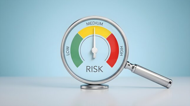 Magnifying glass over a risk gauge meter showing medium level on a light blue background