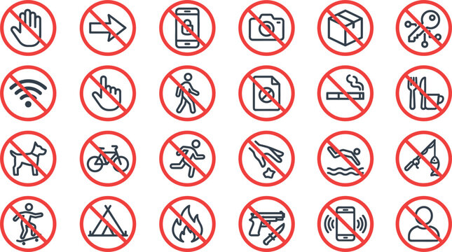 Prohibition warning sign line icon set featuring no entry no smoking wifi mobile phones cameras weapons camping dogs and littering red circle vector graphics.