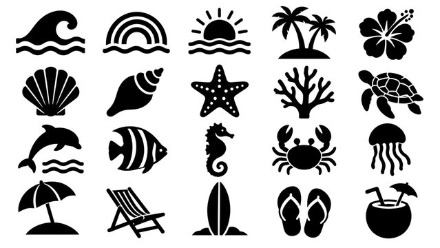 Summer beach and marine life black silhouette icons for tropical holiday theme