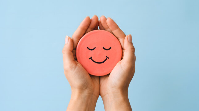 A pair of hands holding a round red object with a peaceful smiling face icon on a blue background