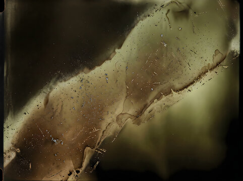 Faded olive celluloid background with scratches and dust particles is displayed