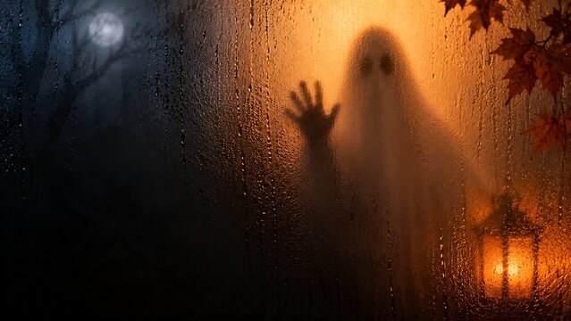 Ghostly figure behind rainy window pane with glowing lantern for halloween themes