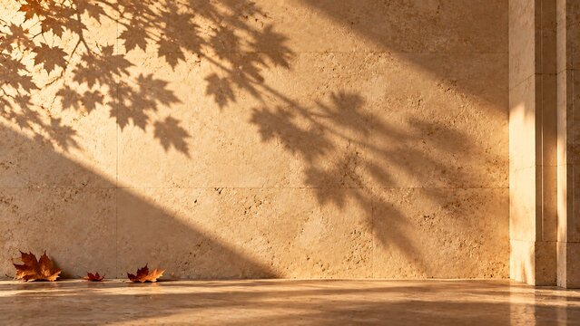 Sunlit stone wall background featuring soft tree leaf shadows and dry autumn maple leaves