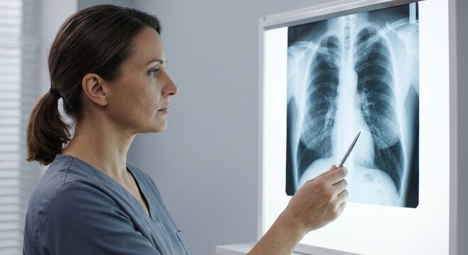 White adult woman medical professional examines a chest x-ray scan in a clinic World Pneumo