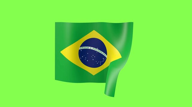 Brazil Flag Waving on Green Screen. Brazilian National Flag With Green Field, Yellow Diamond and Blue Starry Globe Fluttering in the Wind. Chroma Key Animation