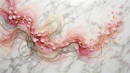 Fototapeta premium A marble background with a fluid, abstract design featuring swirling pink and gray pigments accented with delicate pink flower petals and gold leaf.