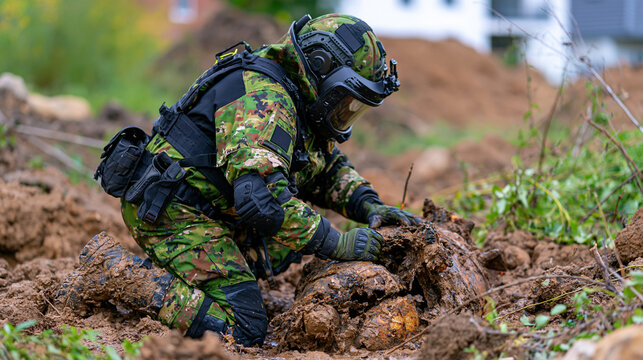 Medium stock image from behind of a bomb disposal specialist wearing a reinforced blast suit and helmet, kneeling in a muddy construction pit next to a large inert 250kg unexploded ordnance casing, 