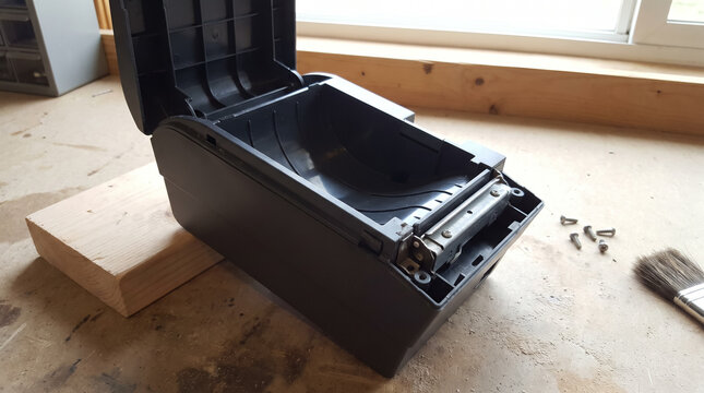 Open thermal receipt printer casing showing serrated cutter blade during repair on wooden workshop desk. Concept of pos printer, service, disassembly, hardware.