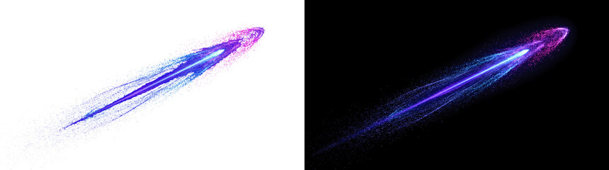 Colorful comet streak flying diagonally with a glowing purple and pink particle tail great for cosmic energy design with PNG, Transparent and Black Background Versions © Nyxthrasza