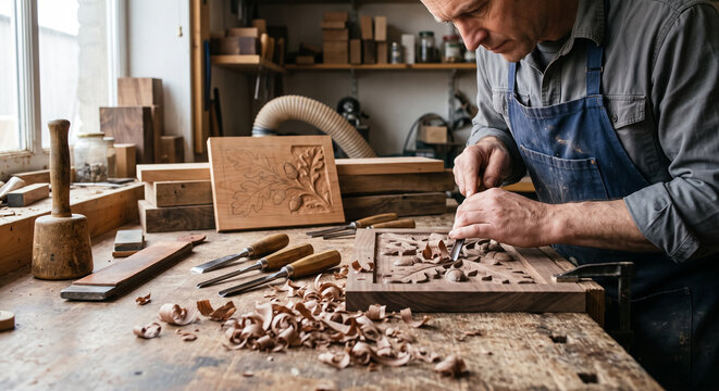 Woodcarver carving intricate relief ornament on hardwood plank with sharp chisels in workshop. Concept of wood carving, woodworking, carpenter workshop, woodcraft, craftsman, hand tools.