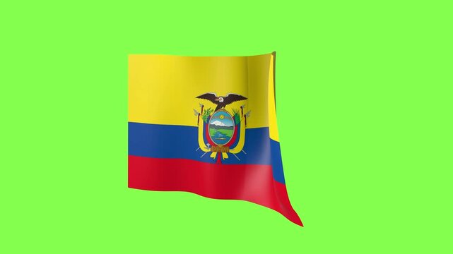 Ecuador Flag Waving on Green Screen. Ecuadorian National Flag With Yellow, Blue and Red Stripes and Coat of Arms Fluttering in the Wind. Chroma Key Animation