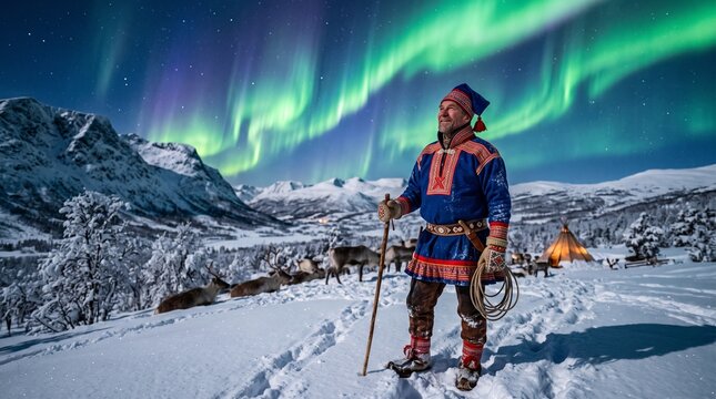 Sami herder standing in snowy mountain landscape with glowing aurora borealis sky while holding wooden staff and coiled rope gear