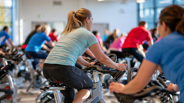 Rear view of an energetic spin workout showing rows of modern stationary bicycles and fit participants pedalling at the same rhythm, light breathable activewear, backs and shoulders visible from beh