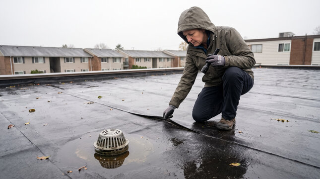 Inspector examining damaged flat roof membrane seam and drain during rain on commercial building. Concept of property manager, roof inspection, roof leak, roof repair, building inspection.