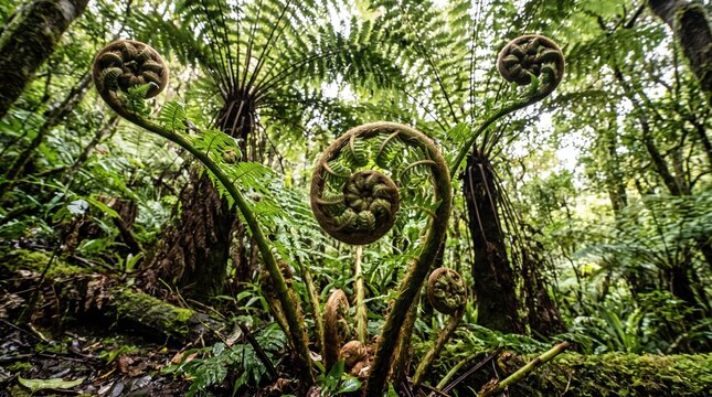 Lush forest with unfurling koru ferns