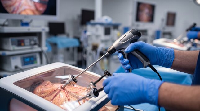 Surgical residency skill training and laparoscopy simulator: medical resident hands in gloves using endoscopic trocars and grabbers in training box simulator. Detailed clinical photography image.