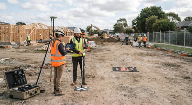 Land surveyors using drone and gnss equipment at residential construction site. Concept of launch site, drone survey, gnss receiver, geodetic survey, drone inspection.