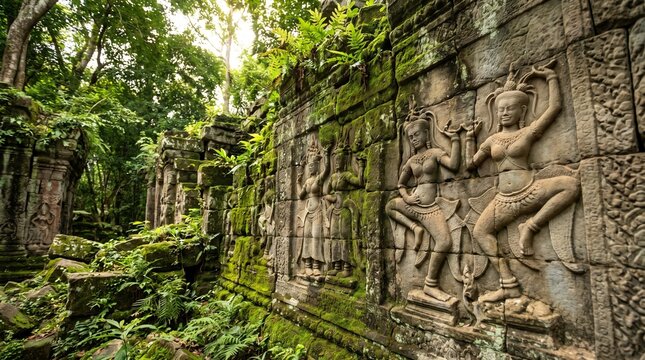 Ancient stone bas relief carvings of dancing apsaras decorate weathered temple walls covered in vibrant green moss within jungle forest