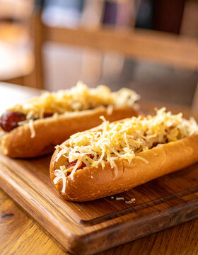 Juicy hot dogs loaded with tangy sauerkraut and generous grated cheese, rustic wooden board, appetizing food. Tasty snack. Delicious dish. Close-up.