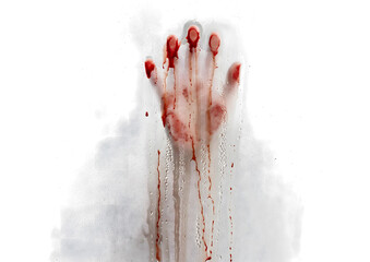 A bloody handprint on wet glass with vertical dripping streaks and scattered droplets as a PNG isolated on a transparent background for horror design © Imran