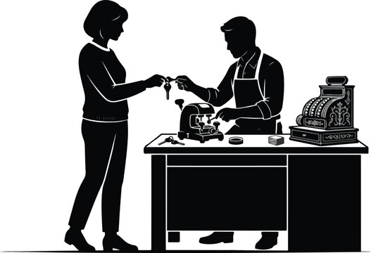 Woman Receiving Key from Locksmith at Service Counter Vector Illustration
