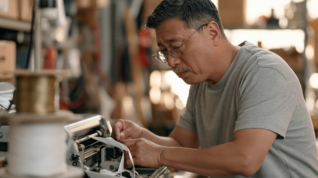 Adult literacy program sample demonstrator repairing a broken label printer in a modest warehouse storeroom, a spool of wire feeding through the mechanism, solitary individual