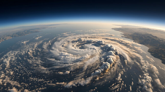 Huge Hurricane Cyclone, Swirling Intense Clouds with Powerful Eye Formation, Coastal Landmass and Deep Blue Ocean Water, High Altitude Satellite Earth View, Climate Change and Disaster Relief Media.