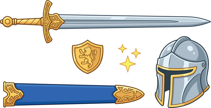 Medieval Sword and Shield Set with a Knight's Helmet and Decorative Elements