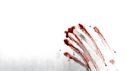 A smeared bloody handprint on wet glass with heavy dripping streaks and scattered droplets as a PNG isolated on a transparent background for horror design © Imran