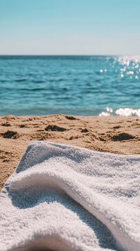 Soft Blue Towel on Sandy Beach - Summer Relaxation and Coastal Lifestyle - Serene and Peaceful Scene