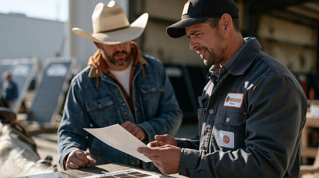 Horseback mounted archery instructor comparing a solar panel cleaning sample to a reference sheet inside an industrial warehouse bay, a name tag badge detail visible on the