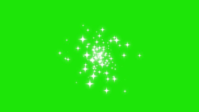 White star burst glitter explosion animation with magical shining particles, sparkling dust trail and twinkling light effects, on green screen background, seamless 4K video