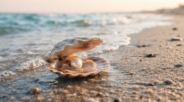 A large seashell rests on a sandy beach, partially open to reveal a luminous pearl nestled within.