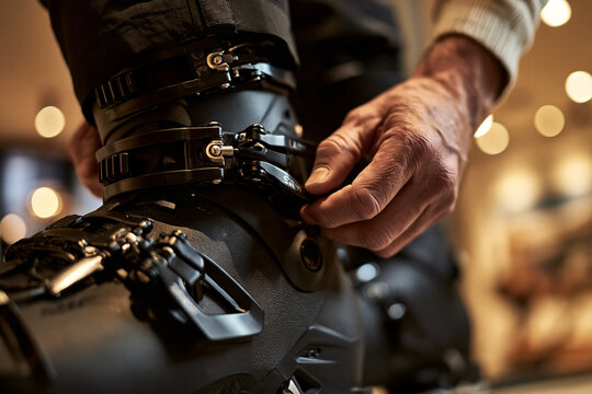 Man Fastening Buckles on a Ski Boot, Close-Up View