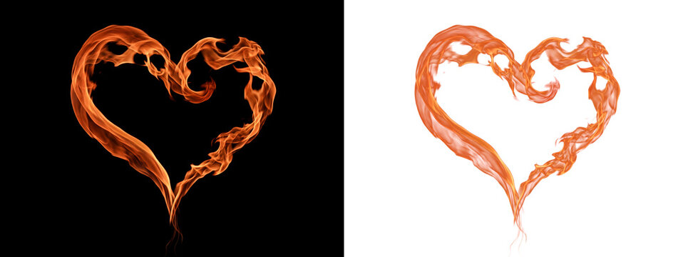 Fire flame forming a heart shape with swirling orange smoke edges great for passionate love themed design with PNG, Transparent and Black Background Versions