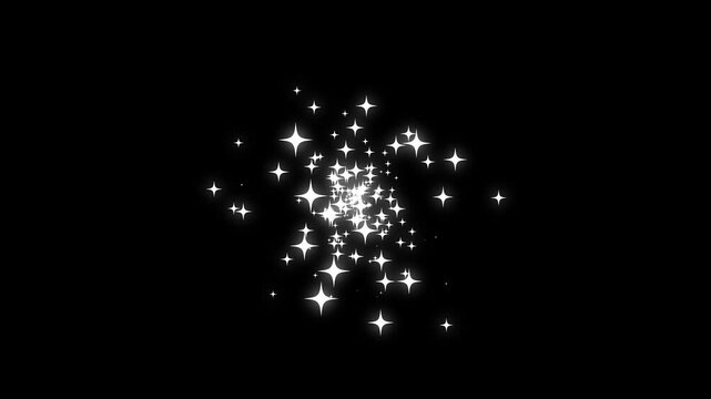 White star burst glitter explosion animation with magical shining particles, sparkling dust trail and twinkling light effects, on black screen background, seamless 4K video