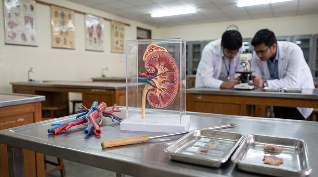 Human kidney anatomy model and pointer on laboratory table during medical class. Concept of teaching, medical education, human organ, biology lab, medical students, urology.