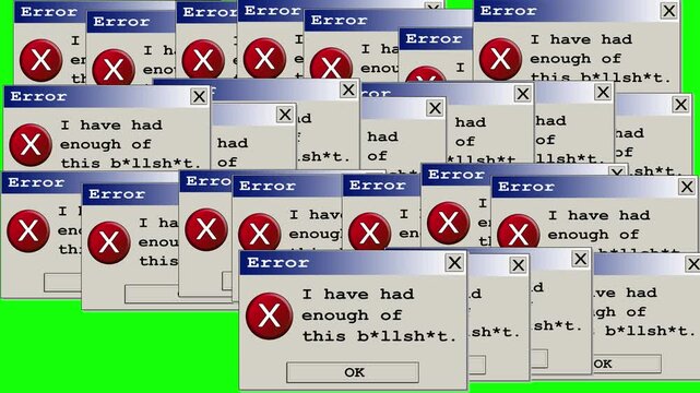 Retro error dialogs with sassy messages multiply and cascade across green screen in horizontal format. Computer windows overflow into chaos for humor and tech frustration themes.