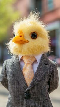 Business Baby Chicken in Suit - Cute Bird Wearing Formal Wear, Office Humor, Financial Concept, Childlike Success.