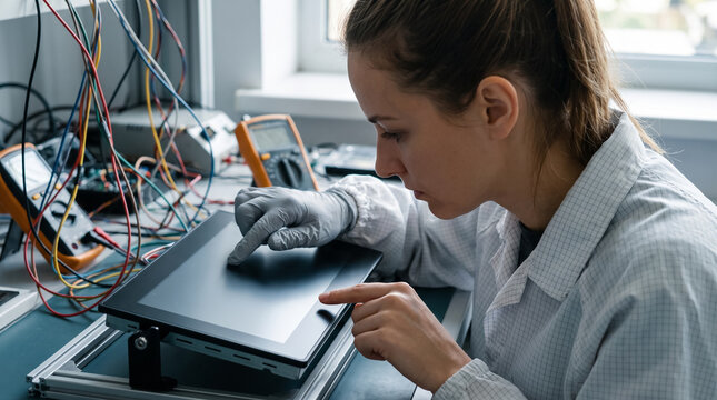 Female electronics engineer testing capacitive touchscreen display in modern hardware laboratory. Concept of capacitive screen, quality control, lab technician, touch interface, electronics lab.