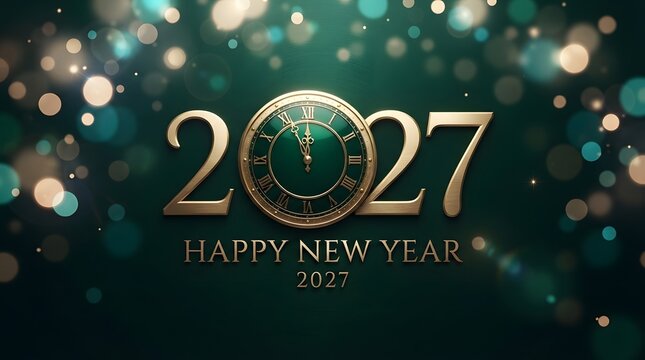 Happy new year 2027 dark green background with golden clock and bokeh.