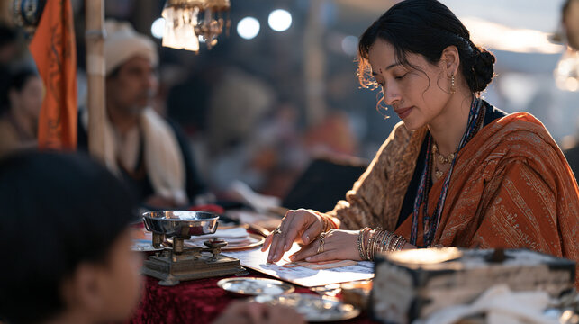 Palm reader closing her booth on a final trading day, a precise weighing scale on the velvet table during early morning Diwali firework smoke concerns, a child watching from low