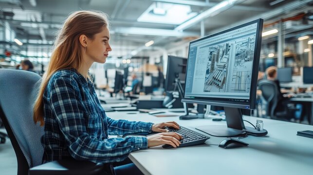 Focused female software engineer coding on computer in modern brightly lit office, working late night, technology professional.