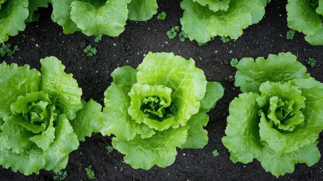 Overhead view of vibrant green lettuce leaves growing in rich soil, showcasing fresh produce and healthy organic farming concepts.