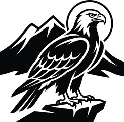 Fototapeta premium Illustration of Majestic eagle perched on rocky mountain peak with sun halo silhouette.