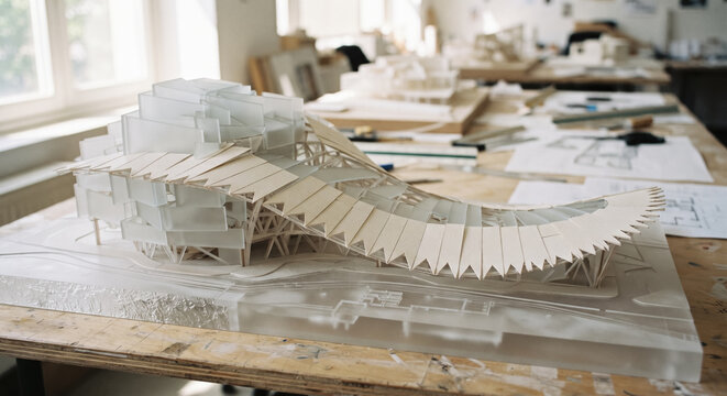 Architectural model of modern building prototype on studio table with blueprints and design drafts. Concept of asymmetric, scale model, architecture prototype, miniature model, architect workspace.