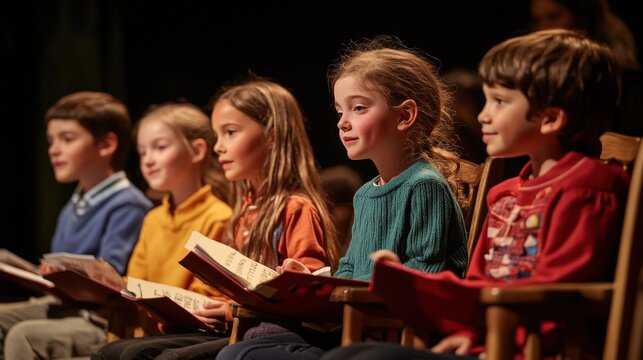 Group of diverse children excitedly watching a stage performance, focused and engaged in a theatrical event, joyful childhood experience.