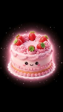 Cute pixel art strawberry cake with a happy face