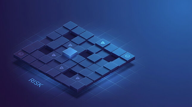 Risk assessment concept, 3D isometric blocks with warning icons and symbols, structural grid for data security analysis, dark tech background with copy space, professional corporate marketing asset