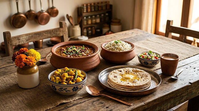 Traditional Indian dining table filled with assorted homemade dishes